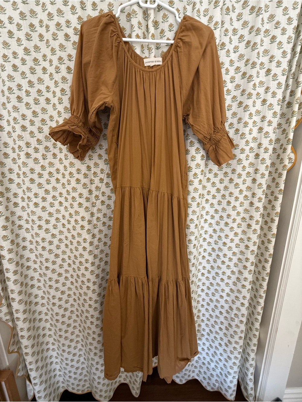 Daughters of India Rust Camel Tiered Maxi Dress with Puff Sleeves